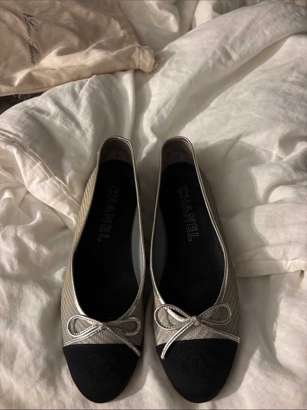 Chanel Silver and Black Ballet Flats